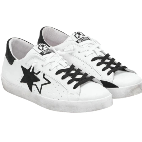 2Star Prime Star Sneaker in Pelle Bianca con Dettagli in Crosta Nera