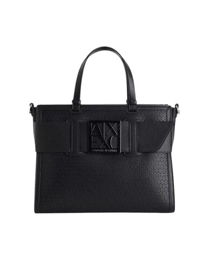 Armani Exchange borsa shopping traforata con logo smaltato nera