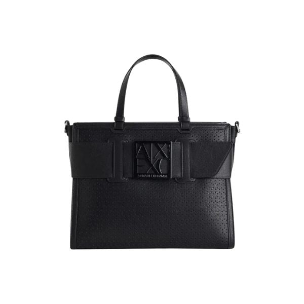 Armani Exchange borsa shopping traforata con logo smaltato nera
