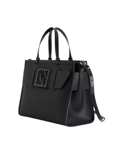 Armani Exchange borsa shopping traforata con logo smaltato nera