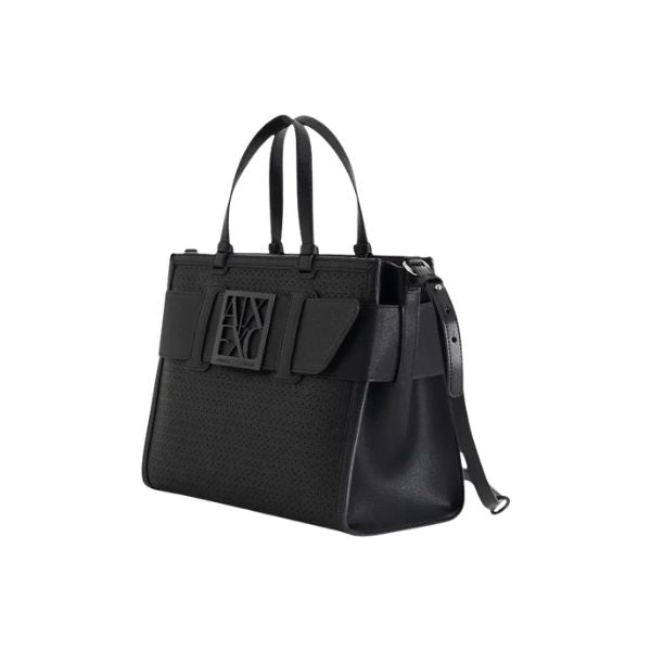 Armani Exchange borsa shopping traforata con logo smaltato nera