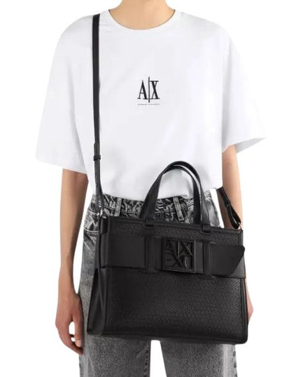 Armani Exchange borsa shopping traforata con logo smaltato nera