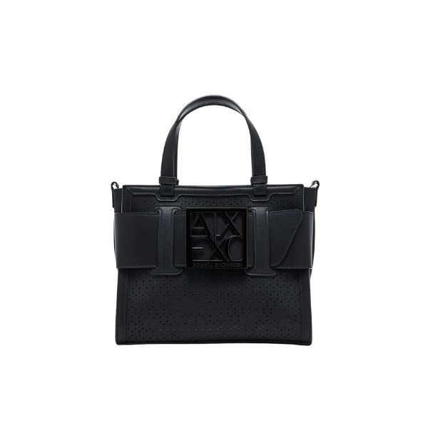 Armani Exchange borsa Tote piccola traforata con logo smaltato nero