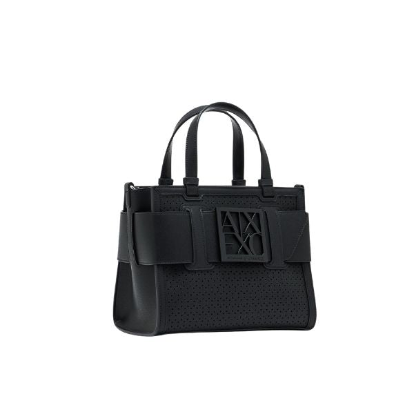 Armani Exchange borsa Tote piccola traforata con logo smaltato nero