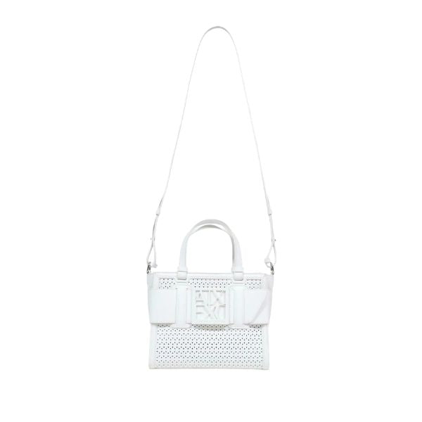 Armani Exchange borsa Tote piccola traforata con logo smaltato bianco