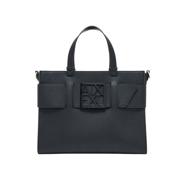 Armani Exchange Borsa Tote grande con logo smaltato doppio manico e tracolla Nera