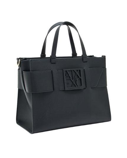Armani Exchange Borsa Tote grande con logo smaltato doppio manico e tracolla Nera