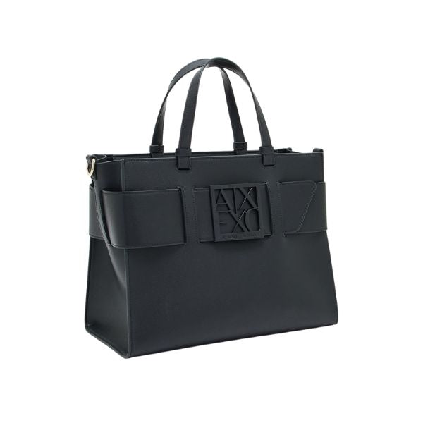 Armani Exchange Borsa Tote grande con logo smaltato doppio manico e tracolla Nera
