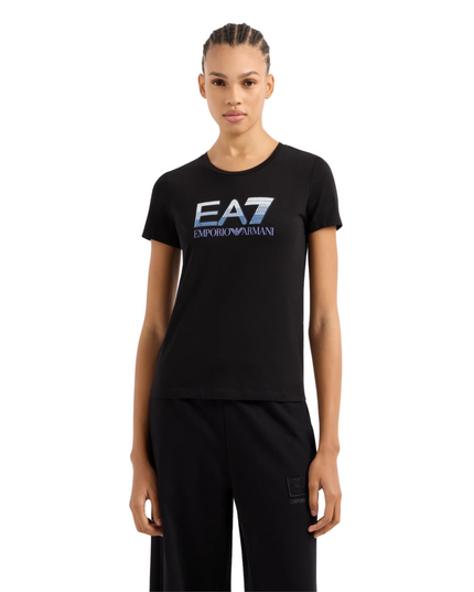 T-shirt donna EA7 Logo Series in cotone stretch con logo paillets