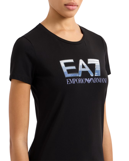 T-shirt donna EA7 Logo Series in cotone stretch con logo paillets