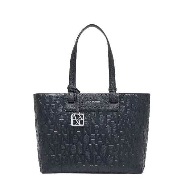 AX Armani Exchange Borsa shopping nera con logo in rilievo e charm