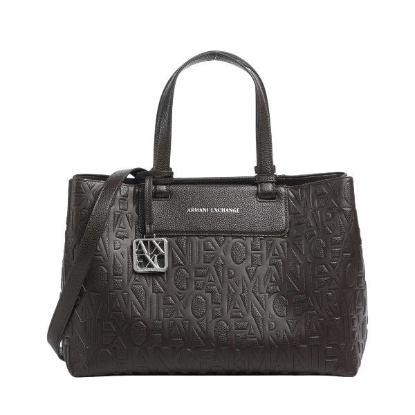 AX Armani Exchange Borsa shopping marrone con logo in rilievo e charm