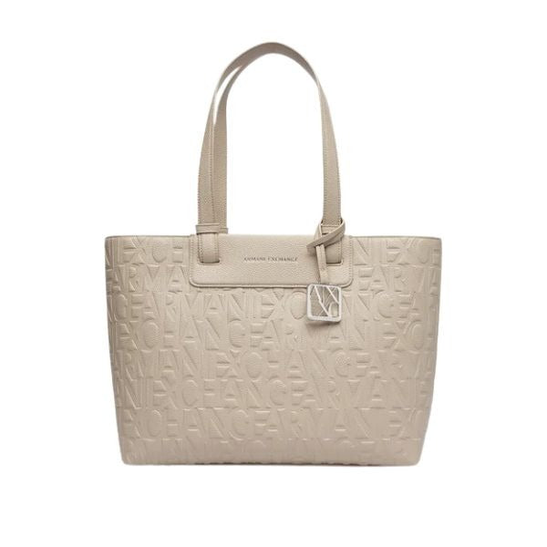 AX Armani Exchange Borsa shopping beige con logo in rilievo e charm