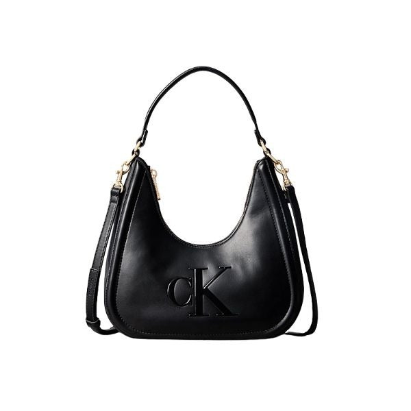 Calvin Klein Borsa a spalla in pelle con logo in rilievo Nero