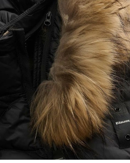 BLAUER Aldie giubbino donna trapuntato ad onde orizzontali cappuccio in vera pelliccia removibile e un elegante patch con glitter