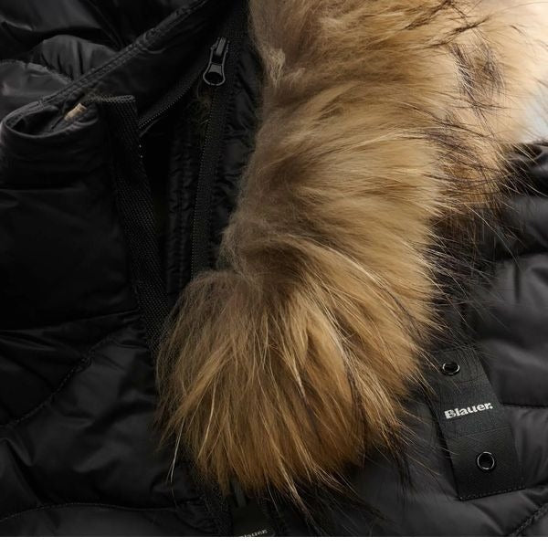 BLAUER Aldie giubbino donna trapuntato ad onde orizzontali cappuccio in vera pelliccia removibile e un elegante patch con glitter