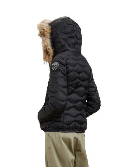 BLAUER Aldie giubbino donna trapuntato ad onde orizzontali cappuccio in vera pelliccia removibile e un elegante patch con glitter