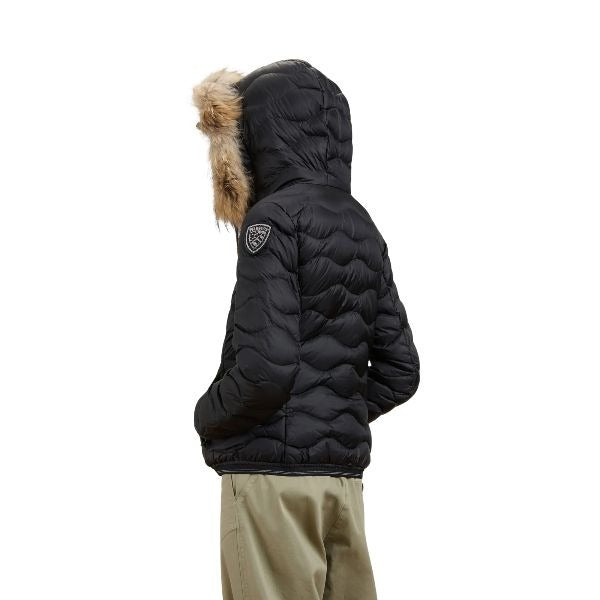 BLAUER Aldie giubbino donna trapuntato ad onde orizzontali cappuccio in vera pelliccia removibile e un elegante patch con glitter