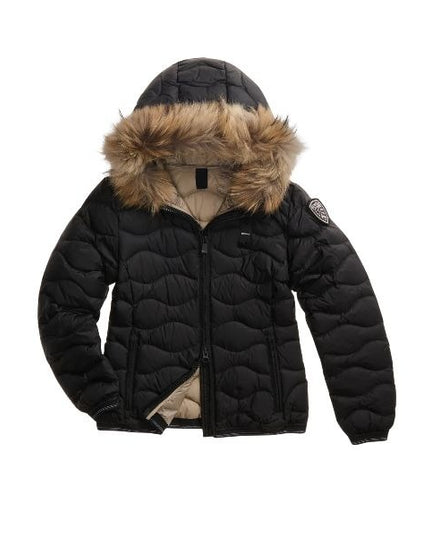 BLAUER Aldie giubbino donna trapuntato ad onde orizzontali cappuccio in vera pelliccia removibile e un elegante patch con glitter