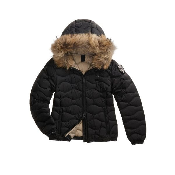 BLAUER Aldie giubbino donna trapuntato ad onde orizzontali cappuccio in vera pelliccia removibile e un elegante patch con glitter