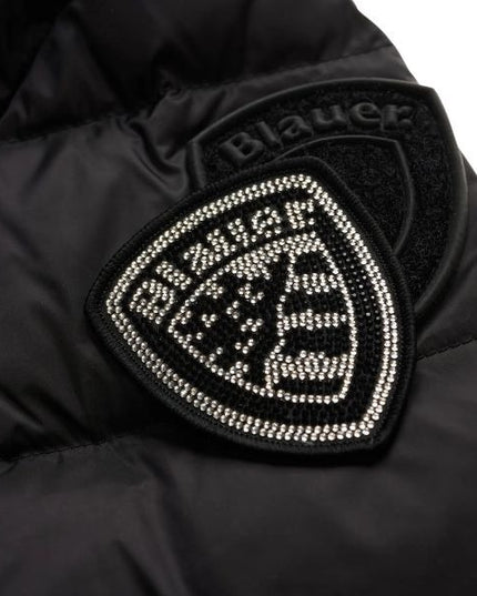 BLAUER Charme giubbino donna trapuntato a righe orizzontali cappuccio fisso con coulisse e patch glitterato e passante con logo