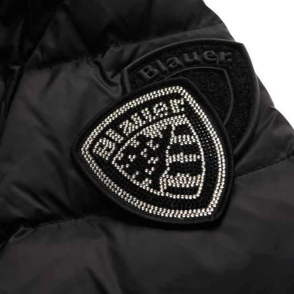 BLAUER Charme giubbino donna trapuntato a righe orizzontali cappuccio fisso con coulisse e patch glitterato e passante con logo