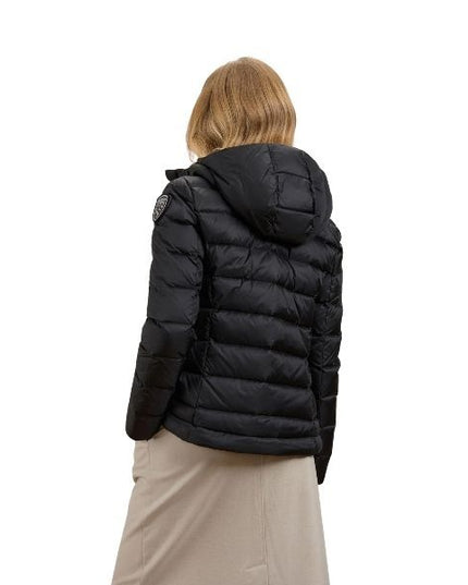 BLAUER Charme giubbino donna trapuntato a righe orizzontali cappuccio fisso con coulisse e patch glitterato e passante con logo