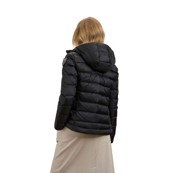 BLAUER Charme giubbino donna trapuntato a righe orizzontali cappuccio fisso con coulisse e patch glitterato e passante con logo