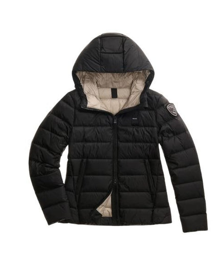 BLAUER Charme giubbino donna trapuntato a righe orizzontali cappuccio fisso con coulisse e patch glitterato e passante con logo
