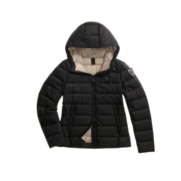 BLAUER Charme giubbino donna trapuntato a righe orizzontali cappuccio fisso con coulisse e patch glitterato e passante con logo