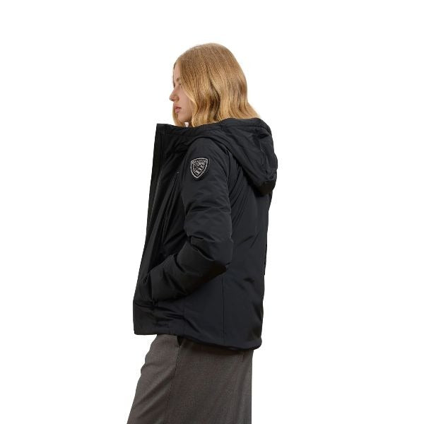 BLAUER Erie giubbino donna liscio esternamente e con pelliccia ecologica morbida chiusura con zip spalmata con patch glitterato e passante con logo