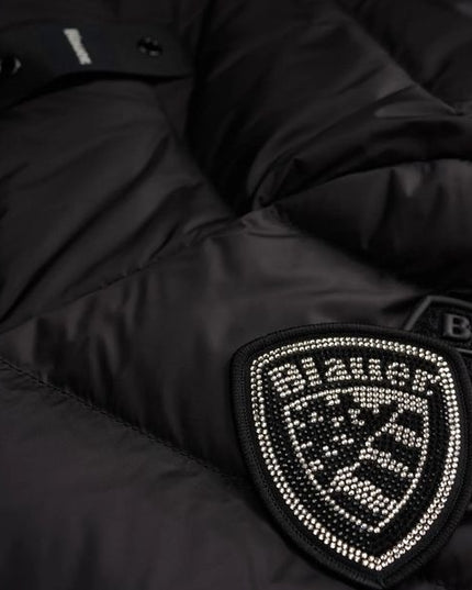 BLAUER Kristin giubbino donna lucido lungo trapuntato a righe orizzontali con cappuccio fisso e patch glitterato e passante con logo