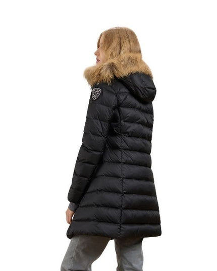 BLAUER Kristin giubbino donna lucido lungo trapuntato a righe orizzontali con cappuccio fisso e patch glitterato e passante con logo