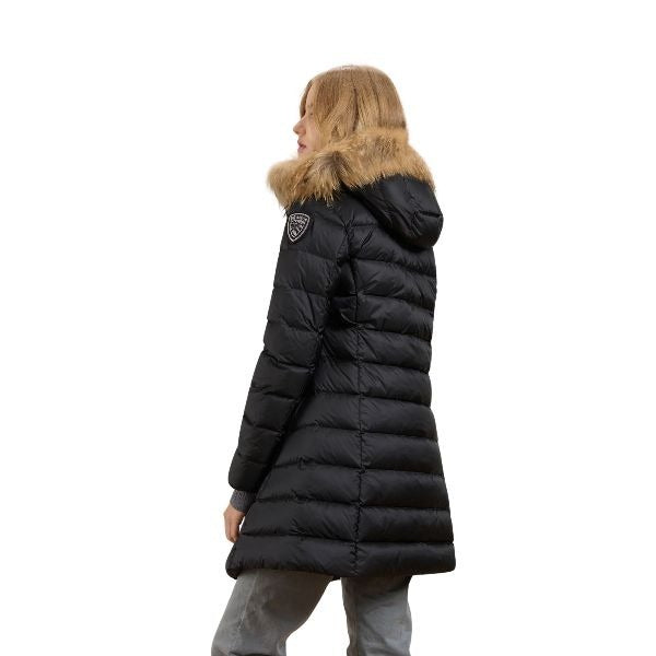 BLAUER Kristin giubbino donna lucido lungo trapuntato a righe orizzontali con cappuccio fisso e patch glitterato e passante con logo
