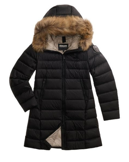 BLAUER Kristin giubbino donna lucido lungo trapuntato a righe orizzontali con cappuccio fisso e patch glitterato e passante con logo