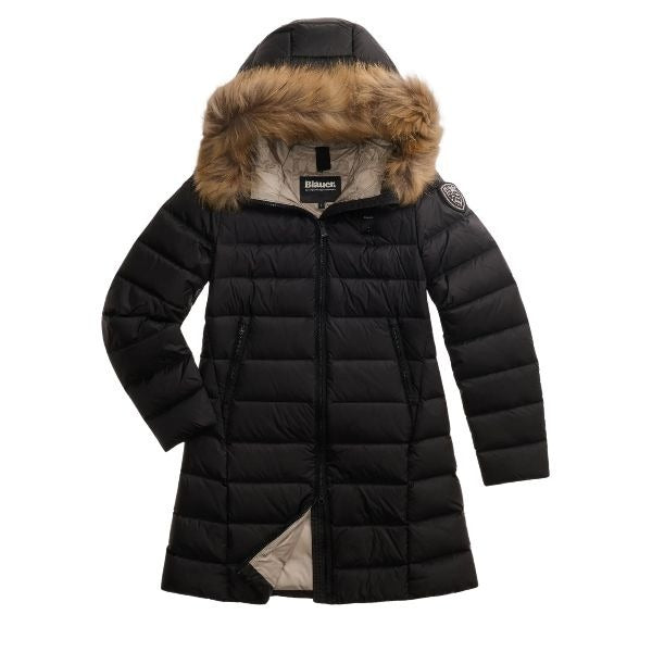 BLAUER Kristin giubbino donna lucido lungo trapuntato a righe orizzontali con cappuccio fisso e patch glitterato e passante con logo
