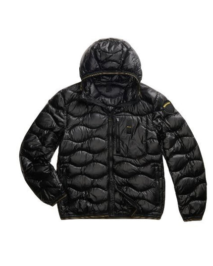 BLAUER Wave giubbino uomo trapuntato ad onde orizzontali taschina applicata sul petto a sinistra elastico rigato sul profilo del cappuccio, polsino e fondo e patch e passante con logo