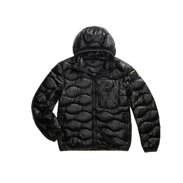 BLAUER Wave giubbino uomo trapuntato ad onde orizzontali taschina applicata sul petto a sinistra elastico rigato sul profilo del cappuccio, polsino e fondo e patch e passante con logo