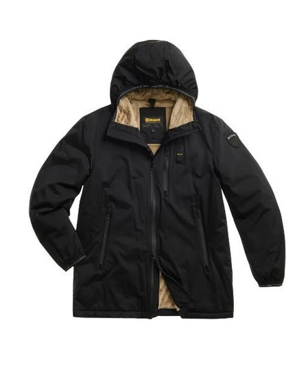 BLAUER Jarvis impermiabile uomo idrorepellente con cappuccio fisso interno in morbida pelliccia ecologica taschino con zip spalmata sul petto polsino con elastico rigato e patch e passante con logo