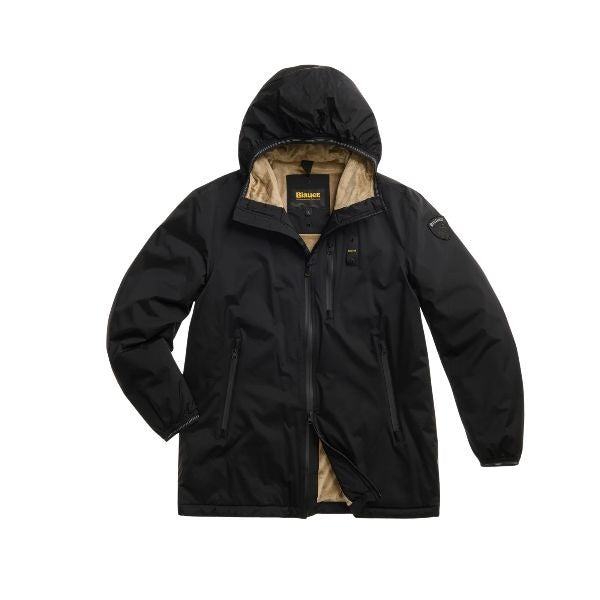 BLAUER Jarvis impermiabile uomo idrorepellente con cappuccio fisso interno in morbida pelliccia ecologica taschino con zip spalmata sul petto polsino con elastico rigato e patch e passante con logo