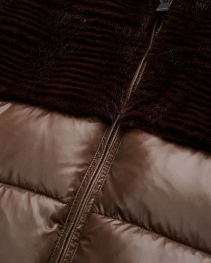 BLAUER Fanevil giubbino donna in ecopelliccia superiore e nylon lucido inferiore cappuccio con coulisse fondo manica doppio ed elegante patch glitterato