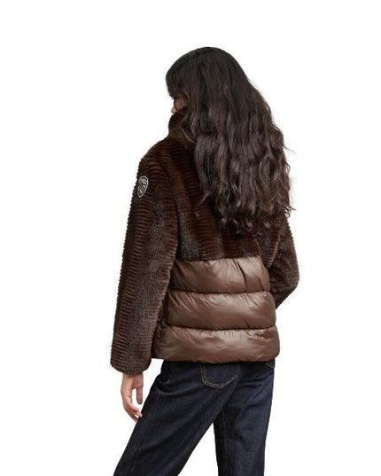 BLAUER Fanevil giubbino donna in ecopelliccia superiore e nylon lucido inferiore cappuccio con coulisse fondo manica doppio ed elegante patch glitterato