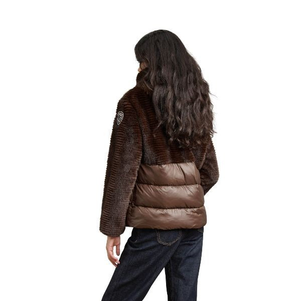 BLAUER Fanevil giubbino donna in ecopelliccia superiore e nylon lucido inferiore cappuccio con coulisse fondo manica doppio ed elegante patch glitterato