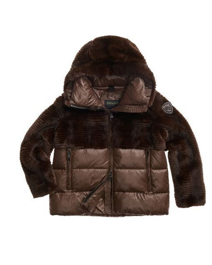 BLAUER Fanevil giubbino donna in ecopelliccia superiore e nylon lucido inferiore cappuccio con coulisse fondo manica doppio ed elegante patch glitterato