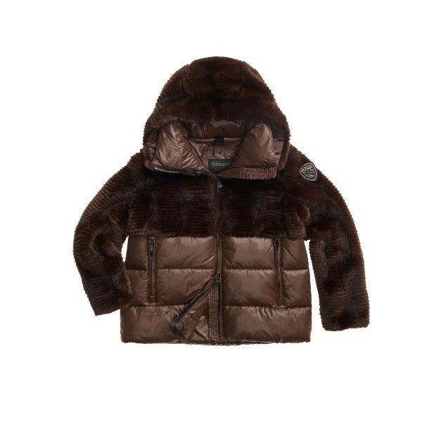BLAUER Fanevil giubbino donna in ecopelliccia superiore e nylon lucido inferiore cappuccio con coulisse fondo manica doppio ed elegante patch glitterato