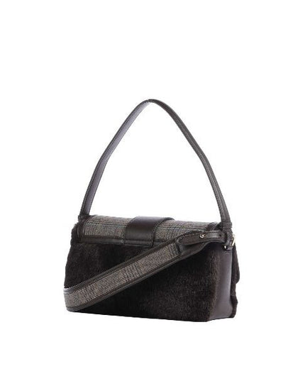 ARMANI EXCHANGE Borsa a spalla marrone con dettaglio in pelliccia e fantasia Principe di Galles