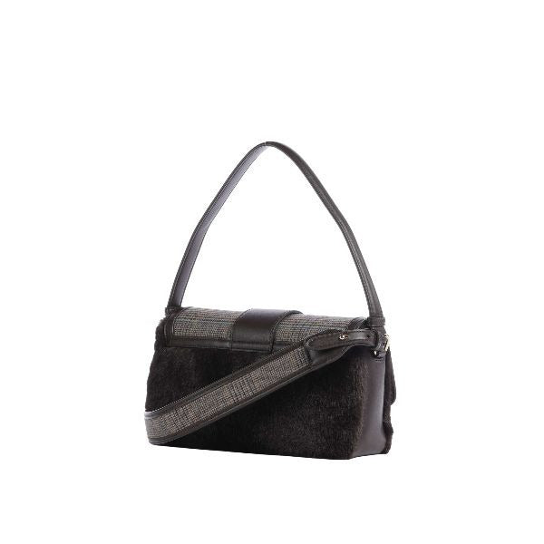 ARMANI EXCHANGE Borsa a spalla marrone con dettaglio in pelliccia e fantasia Principe di Galles