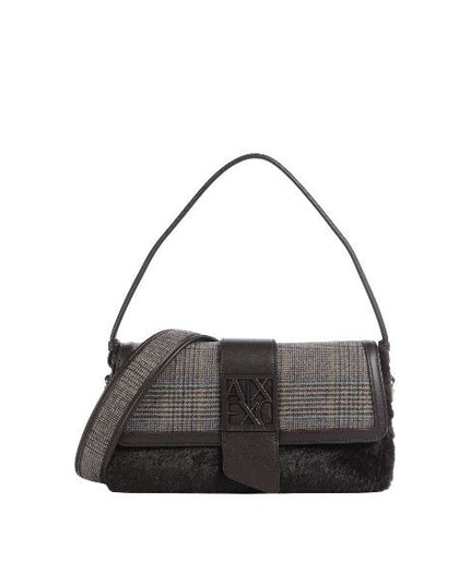 ARMANI EXCHANGE Borsa a spalla marrone con dettaglio in pelliccia e fantasia Principe di Galles