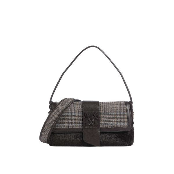 ARMANI EXCHANGE Borsa a spalla marrone con dettaglio in pelliccia e fantasia Principe di Galles