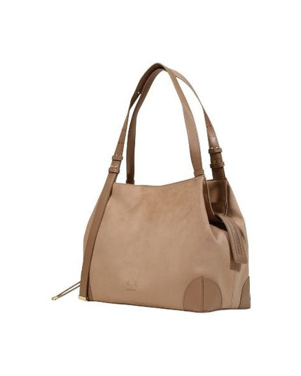 ARMANI EXCHANGE Borsa a spalla in suede beige, con logo oro